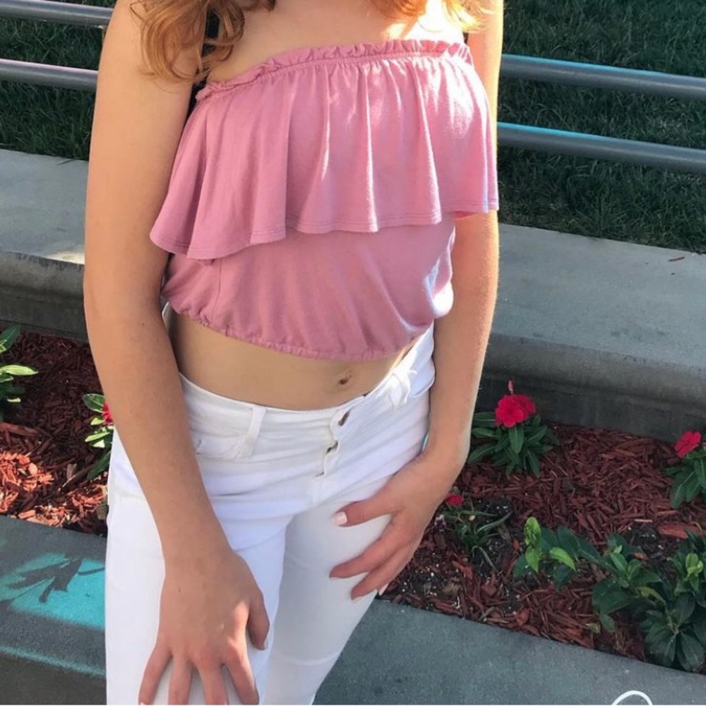 Pink strapless crop with tie to tighten on waist